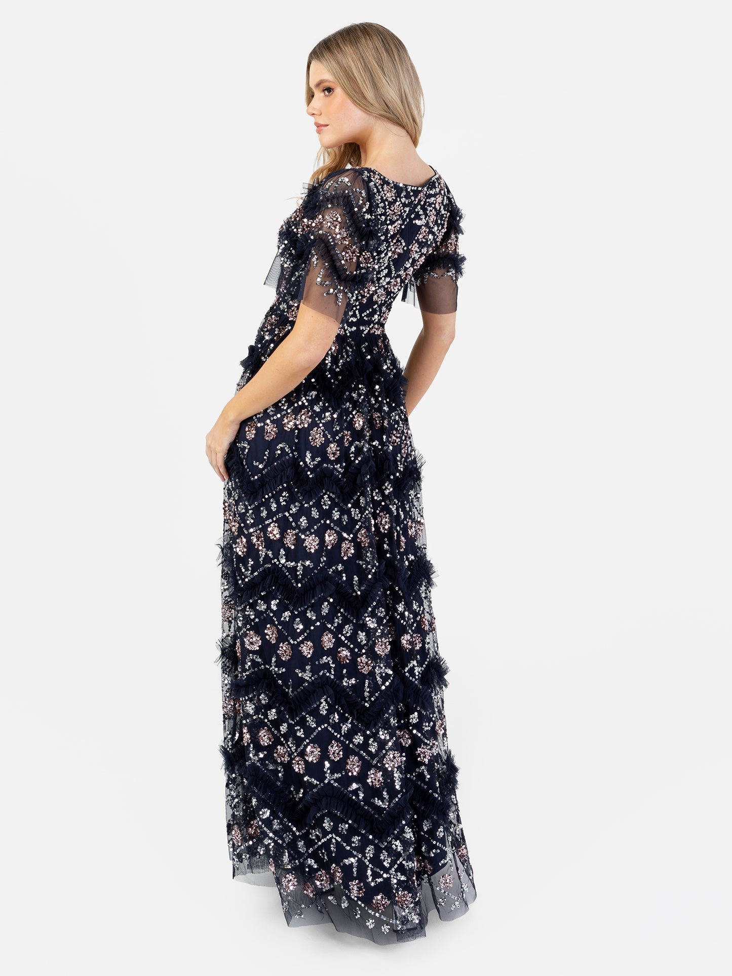 Maya Navy Fully Embellished Short Sleeve V Neck Ruffle Maxi Dress