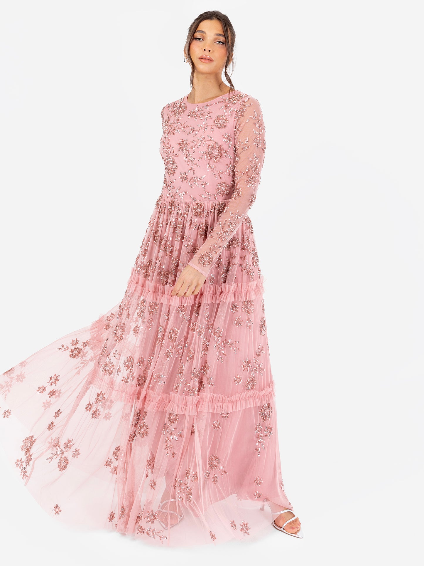 Maya Pink Floral Embellished Long Sleeve Maxi Dress