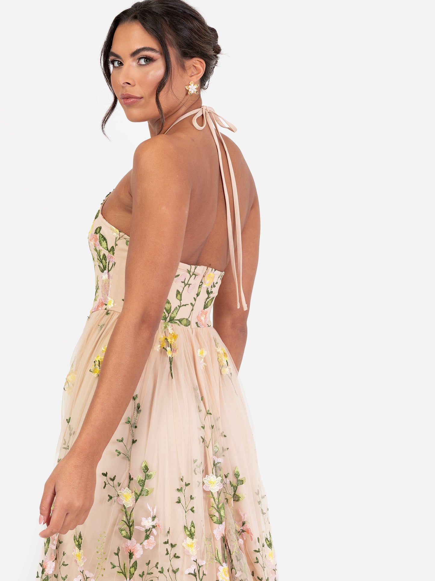 Maya Floral Embroidered Halter Neck Maxi Dress