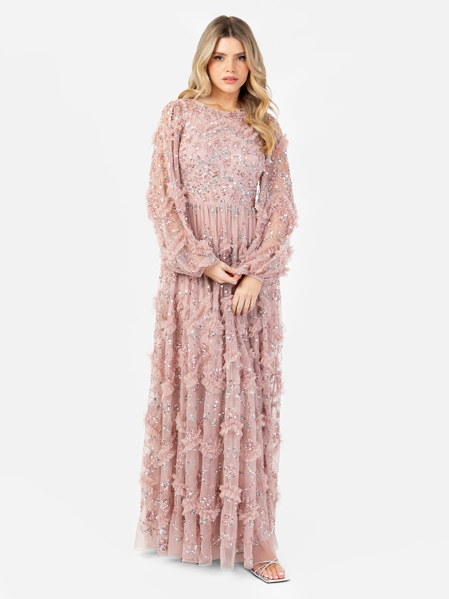 fitted lace wedding dress Maya Frosted Pink Embellished Blouson Sleeve Maxi Dress – Maya Deluxe