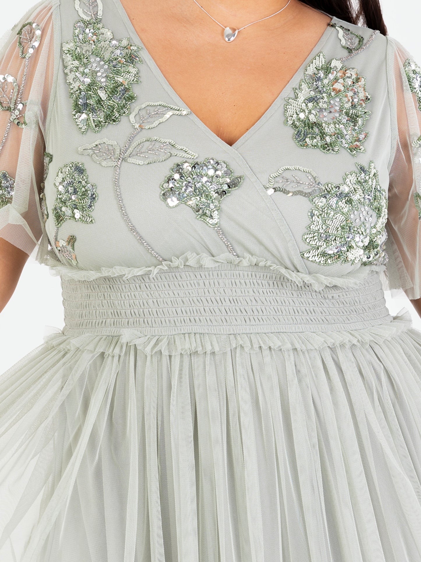 Maya Sage Green Floral Embellished Shirred Waist Short Sleeve Maxi Dress
