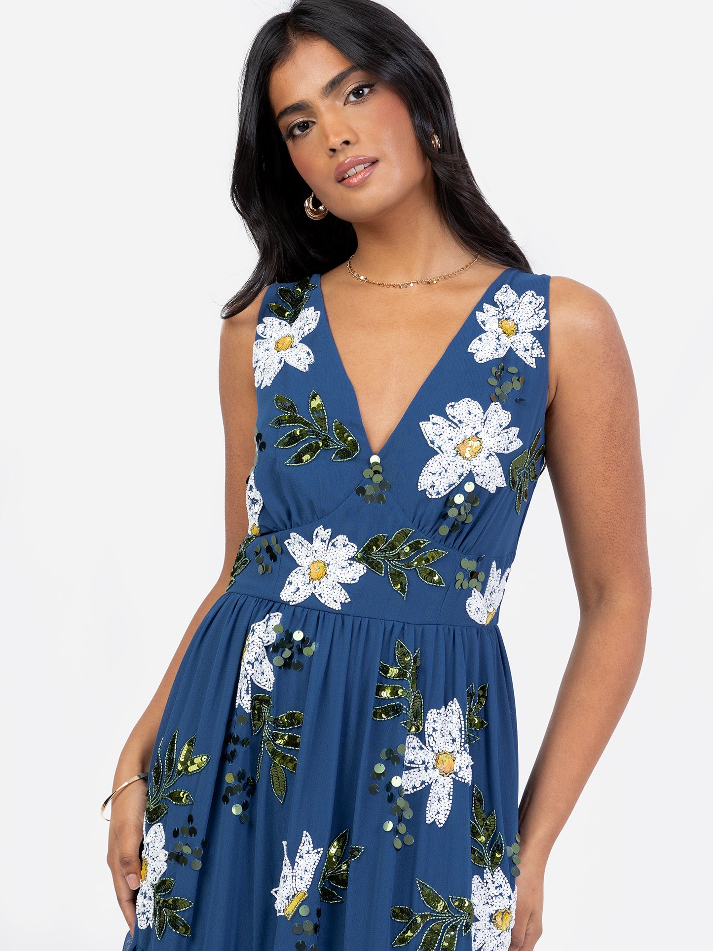 Maya Blue Floral Embellished V Neck Midaxi Dress with Split