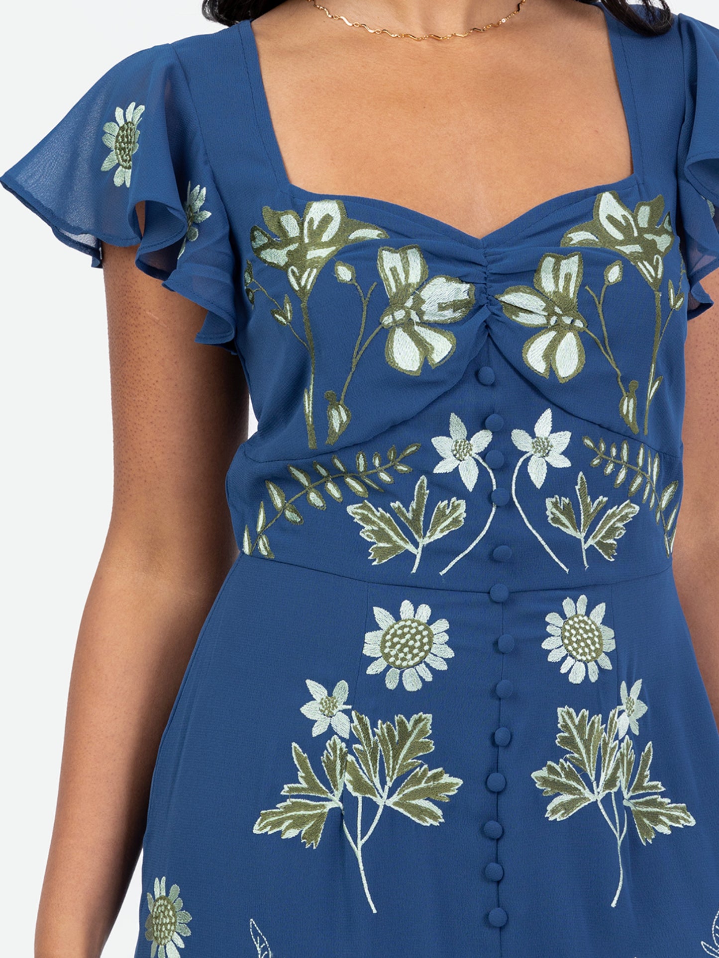 Maya Blue Embroidered Short Sleeve & Keyhole Back Maxi Dress with Split