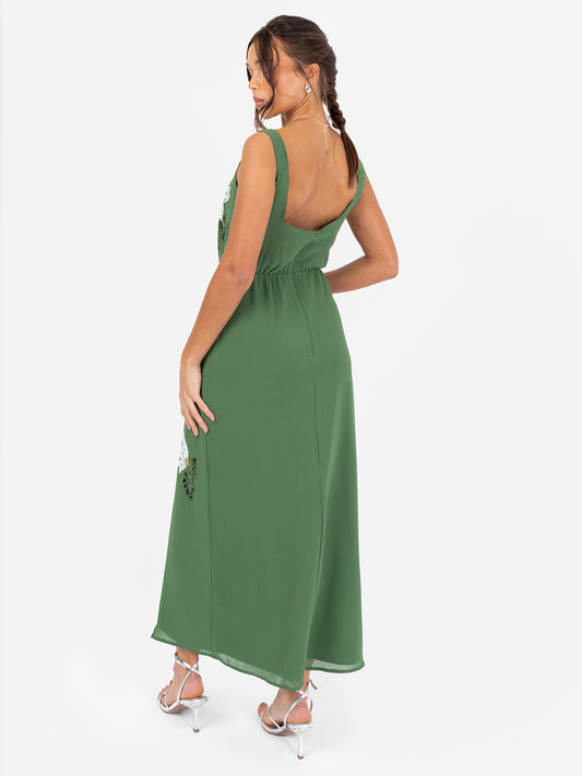 Maya Mid Green Floral Motif Scalloped Square Neck Midaxi Dress with Split