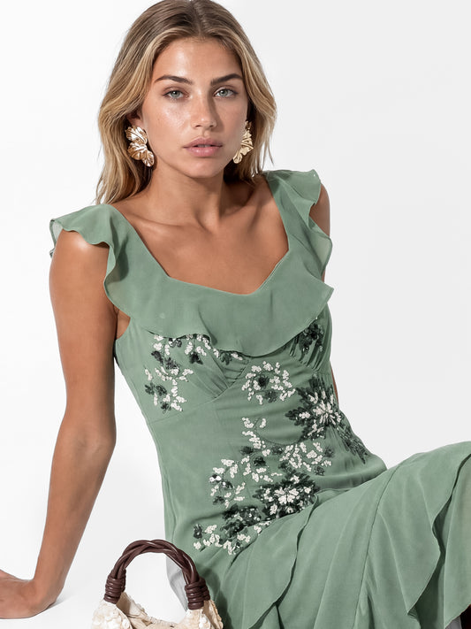 Maya Dark Sage Green Embellished Ruffled Maxi Dress with Keyhole Back