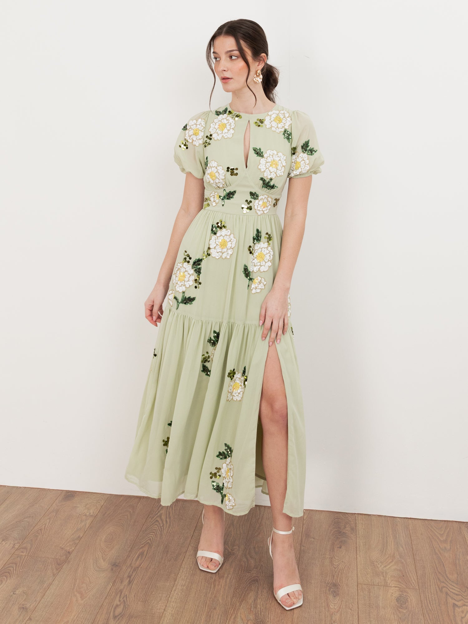 green midaxi dress Women's Occasion Embroidered Mesh Tiered Midaxi Dress, Green