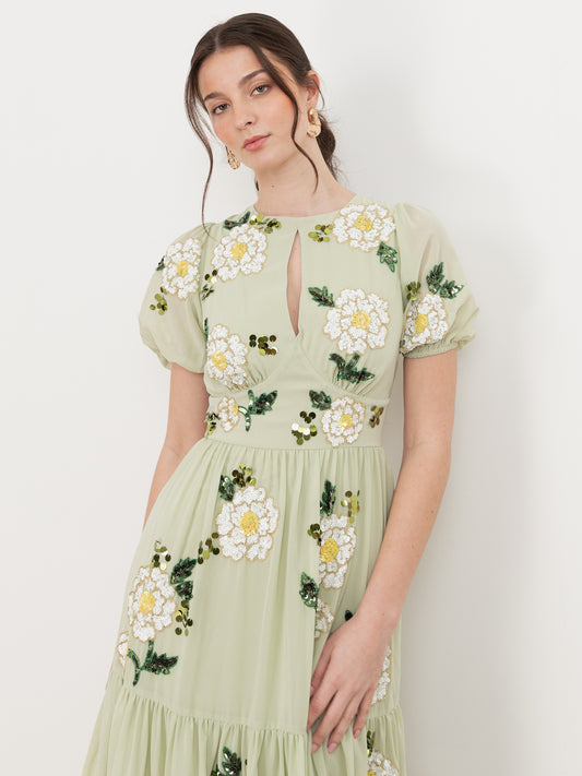 Maya Meadow Green Embellished Keyhole Detail Tiered Midaxi Dress