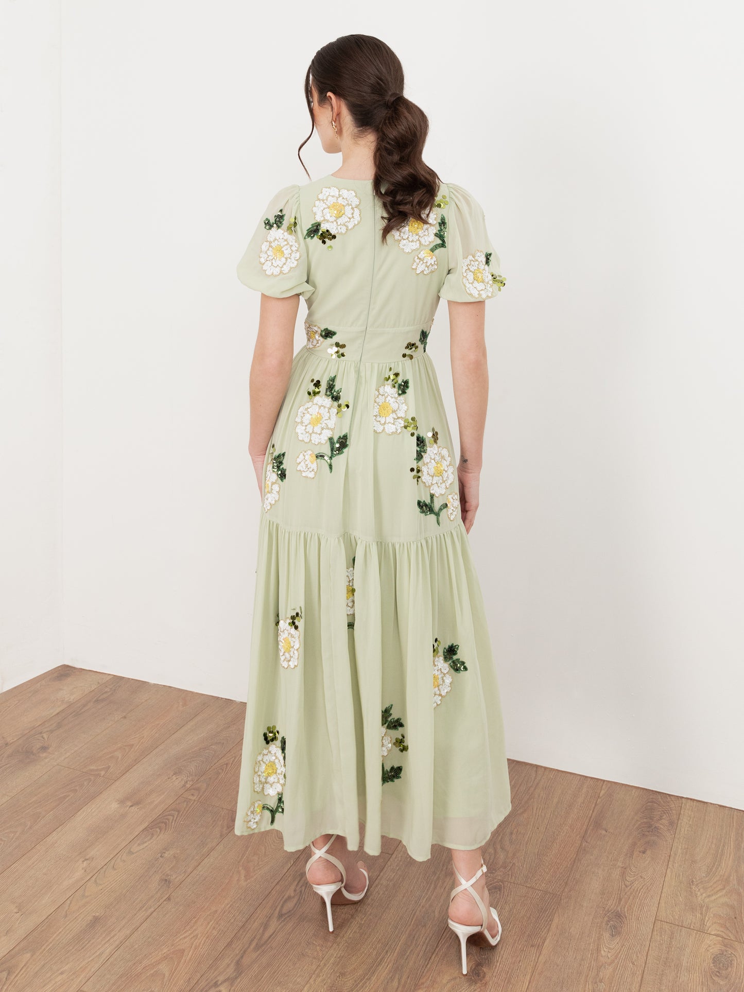 Maya Meadow Green Embellished Keyhole Detail Tiered Midaxi Dress