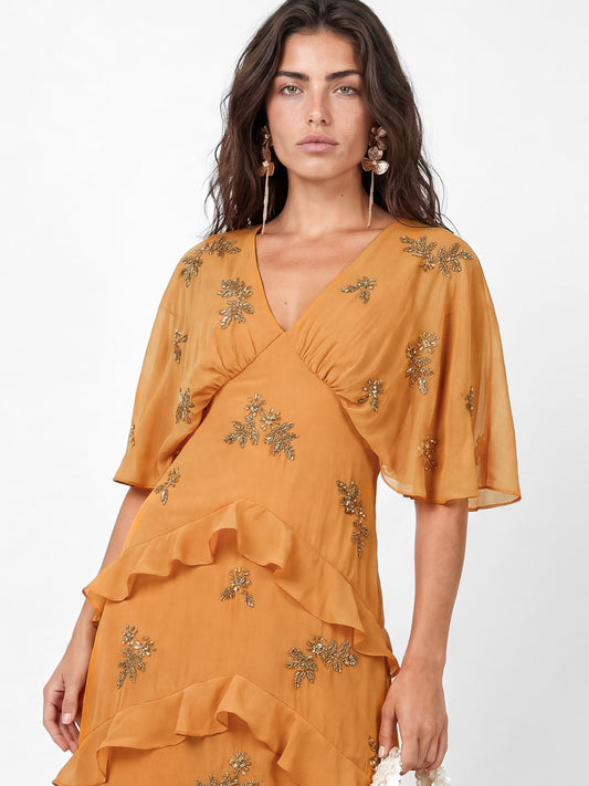 Maya Amber Floral Embellished V Neck Kimono Sleeve Ruffled Maxi Dress