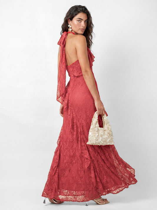 Maya Red Embellished Halter Neck Lace Maxi Dress