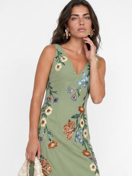 Maya Olive Sage Flower Embellished Tie Back Midaxi Slip Dress