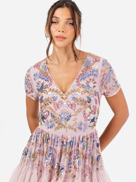 Maya Pink Embellished V Neck Tiered Maxi Dress