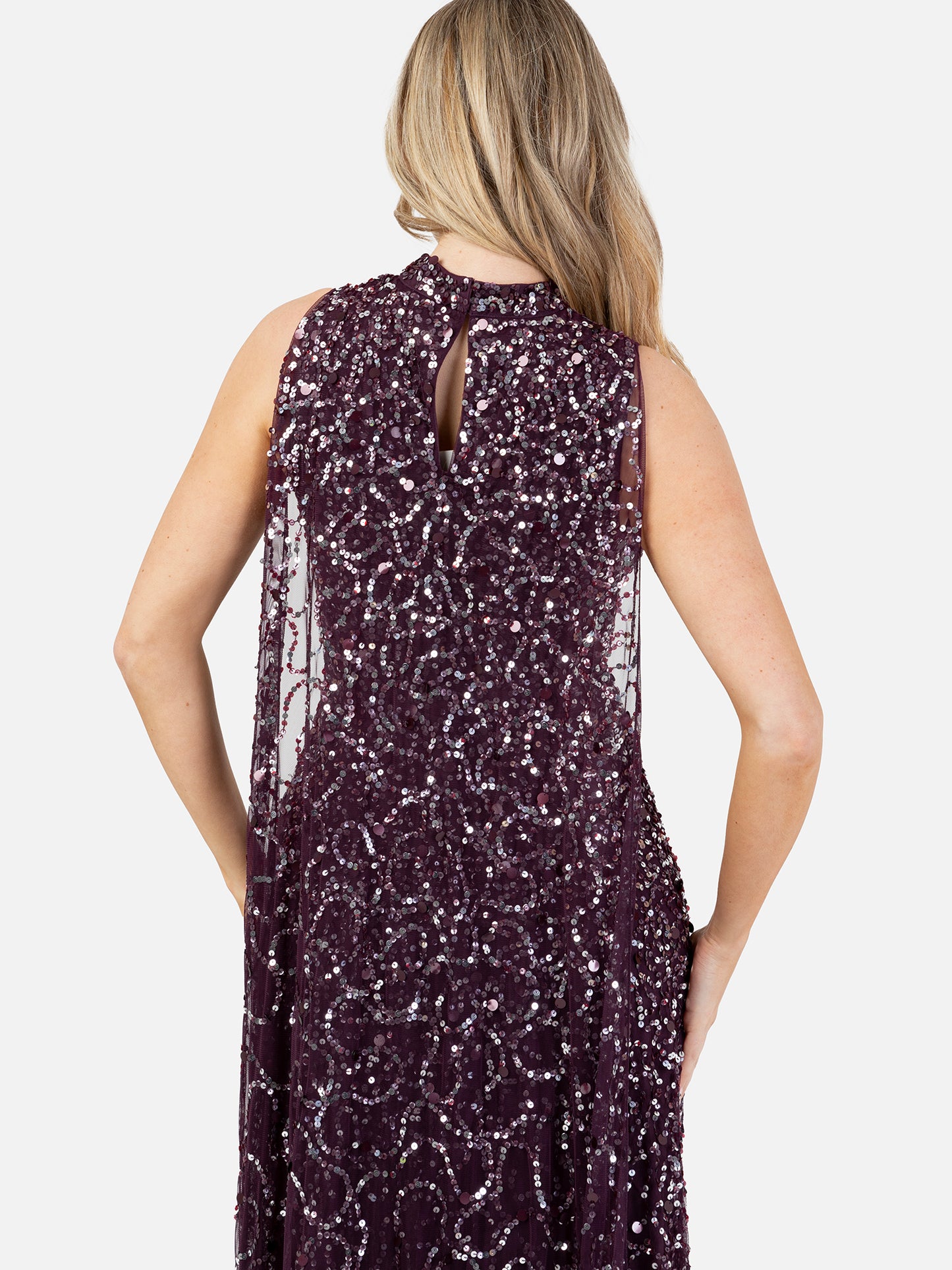 Maya Berry Fully Embellished High Neck Sleeveless Maxi Dress with Cape