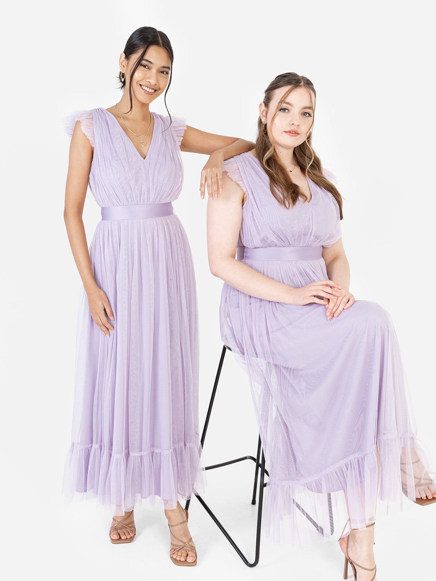 sheer panelled draped midaxi dress in dusty lilac Hope & Ivy Plus flutter sleeve wrap midaxi dress in lilac floral