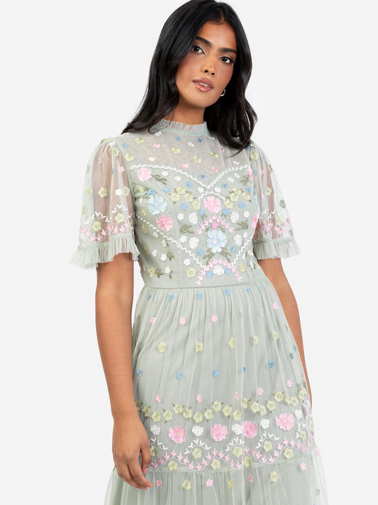 Maya Floral Embroidered High Neck & Short Sleeve Maxi Dress