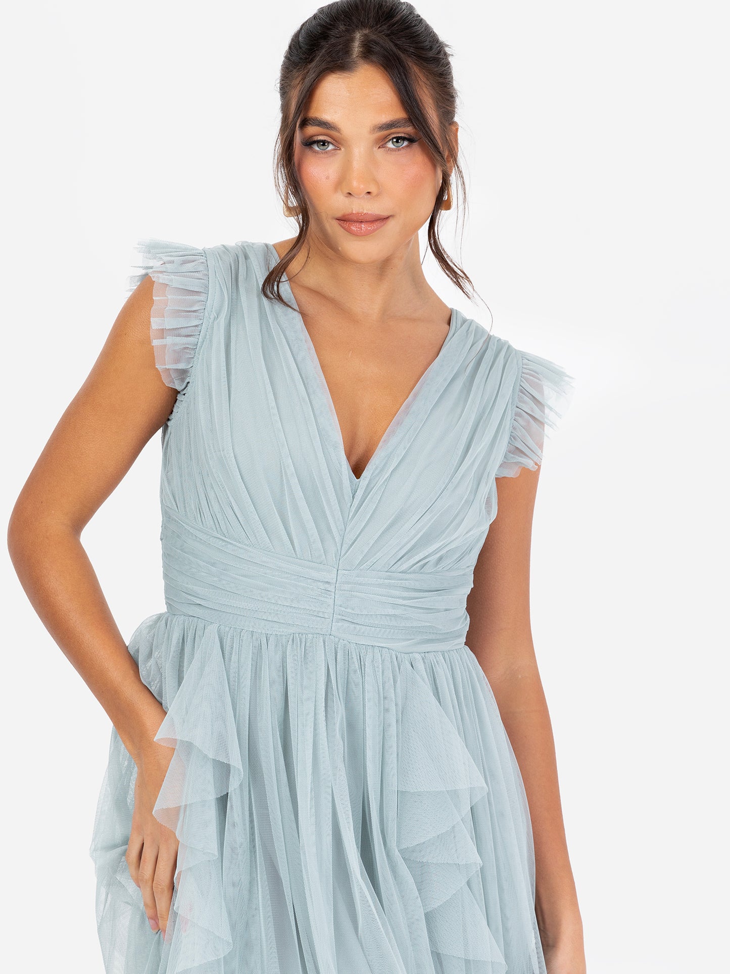 Anaya With Love Recycled Cloud Blue V Neck Midaxi Dress with Waterfall Ruffle Detail