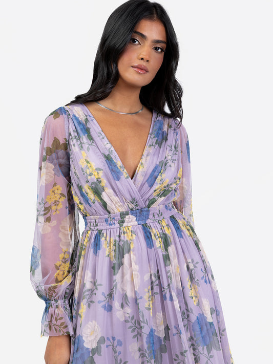 Anaya With Love Recycled Floral Print Long Sleeve Lilac Midi Dress