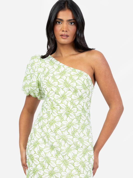 Maya Floral One Shoulder Puff Sleeve Peplum Midi Dress