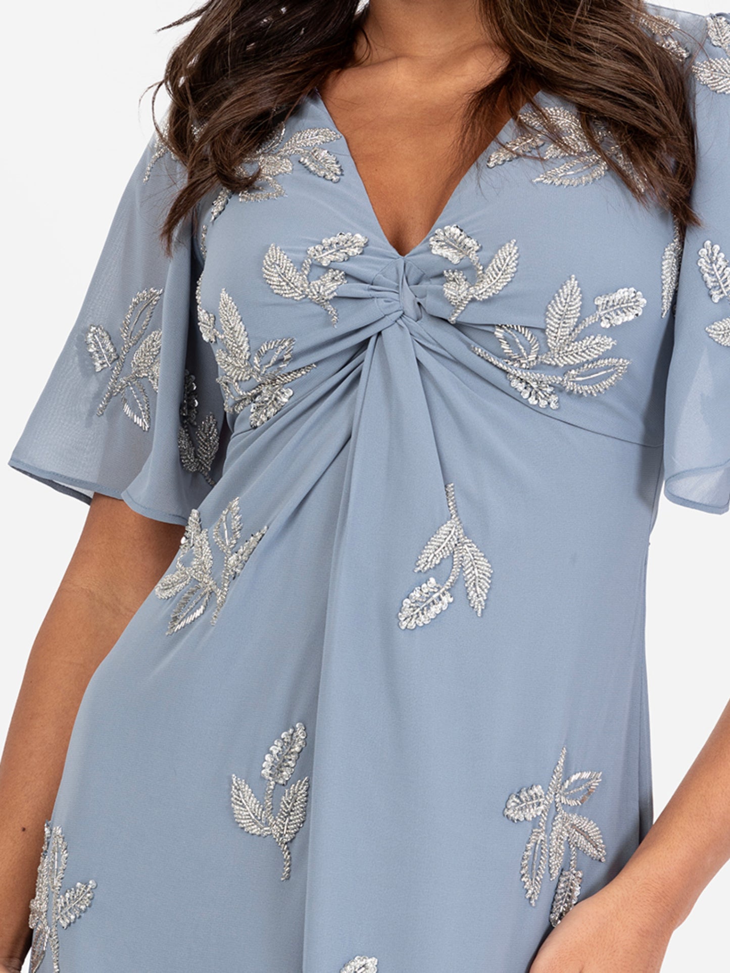 Maya Dusty Blue Embellished Knot Front & Angel Sleeve Maxi Dress