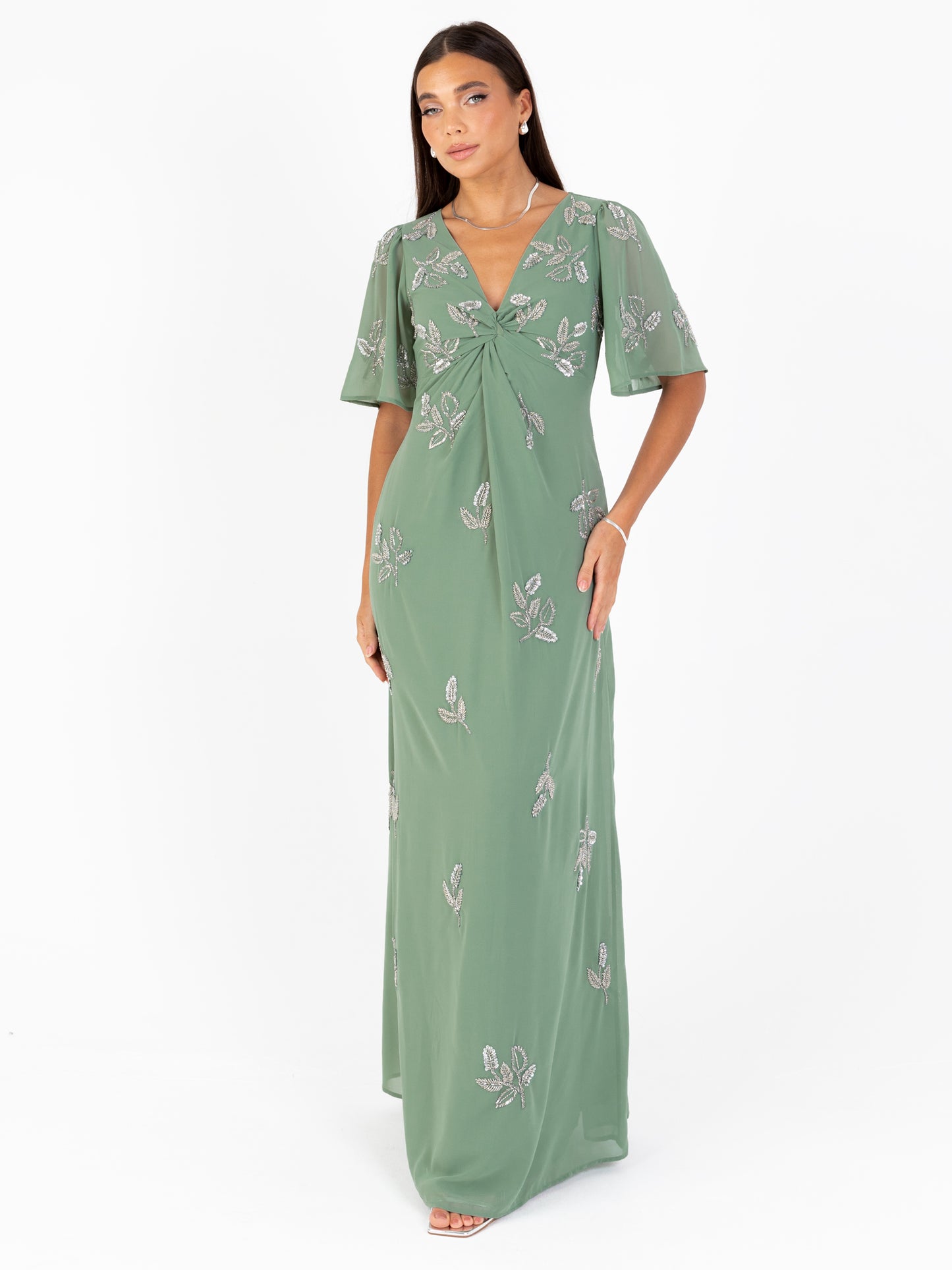 Maya Dark Sage Green Embellished Knot Front & Angel Sleeve Maxi Dress