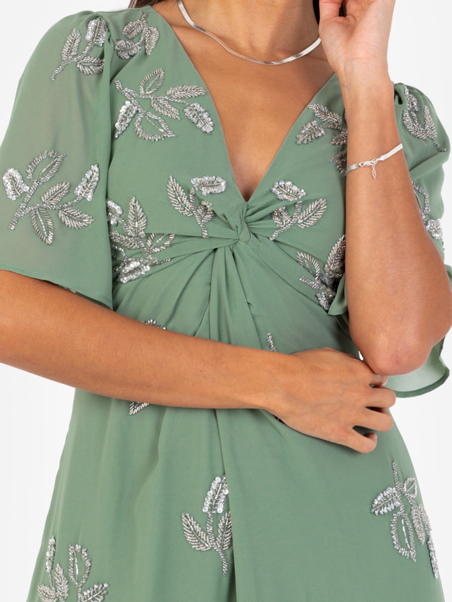 Maya Dark Sage Green Embellished Knot Front & Angel Sleeve Maxi Dress
