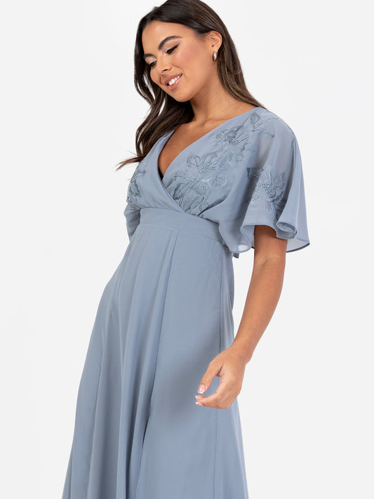 Maya Dusty Blue Floral Embroidered Short Sleeve Maxi Dress