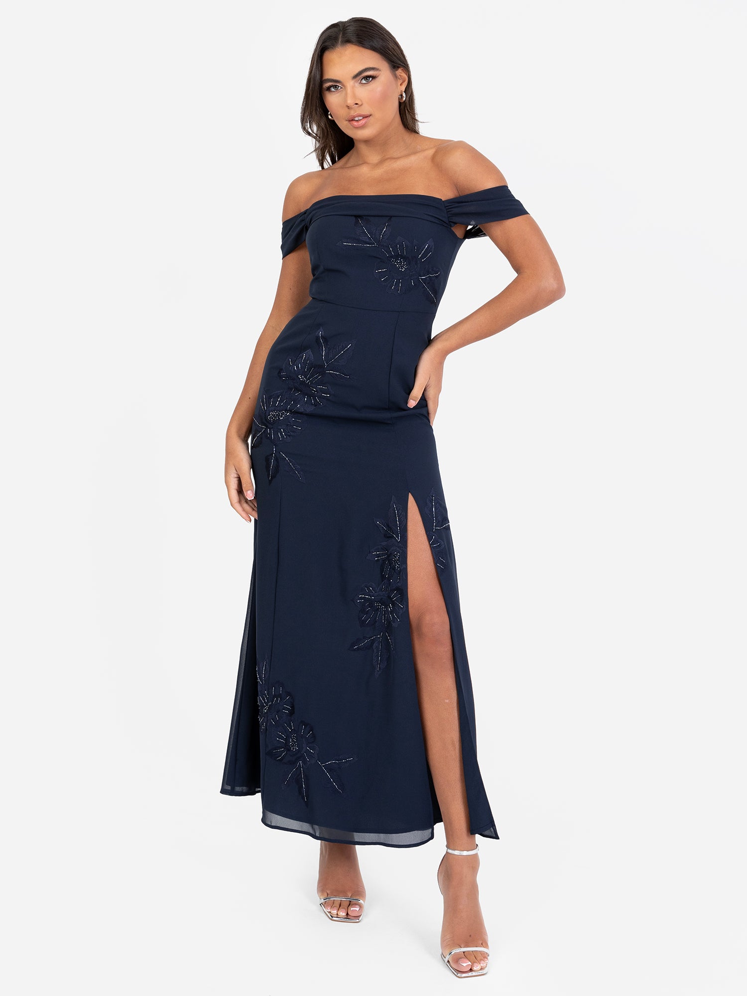 Maya Navy Floral Embroidered Bardot Maxi Dress with Skirt Split Maya Deluxe Maya Navy Floral Embroidered Bardot Maxi Dress with Skirt Split Maya Deluxe