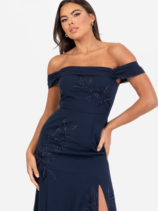 Maya Navy Floral Embroidered Bardot Maxi Dress with Skirt Split