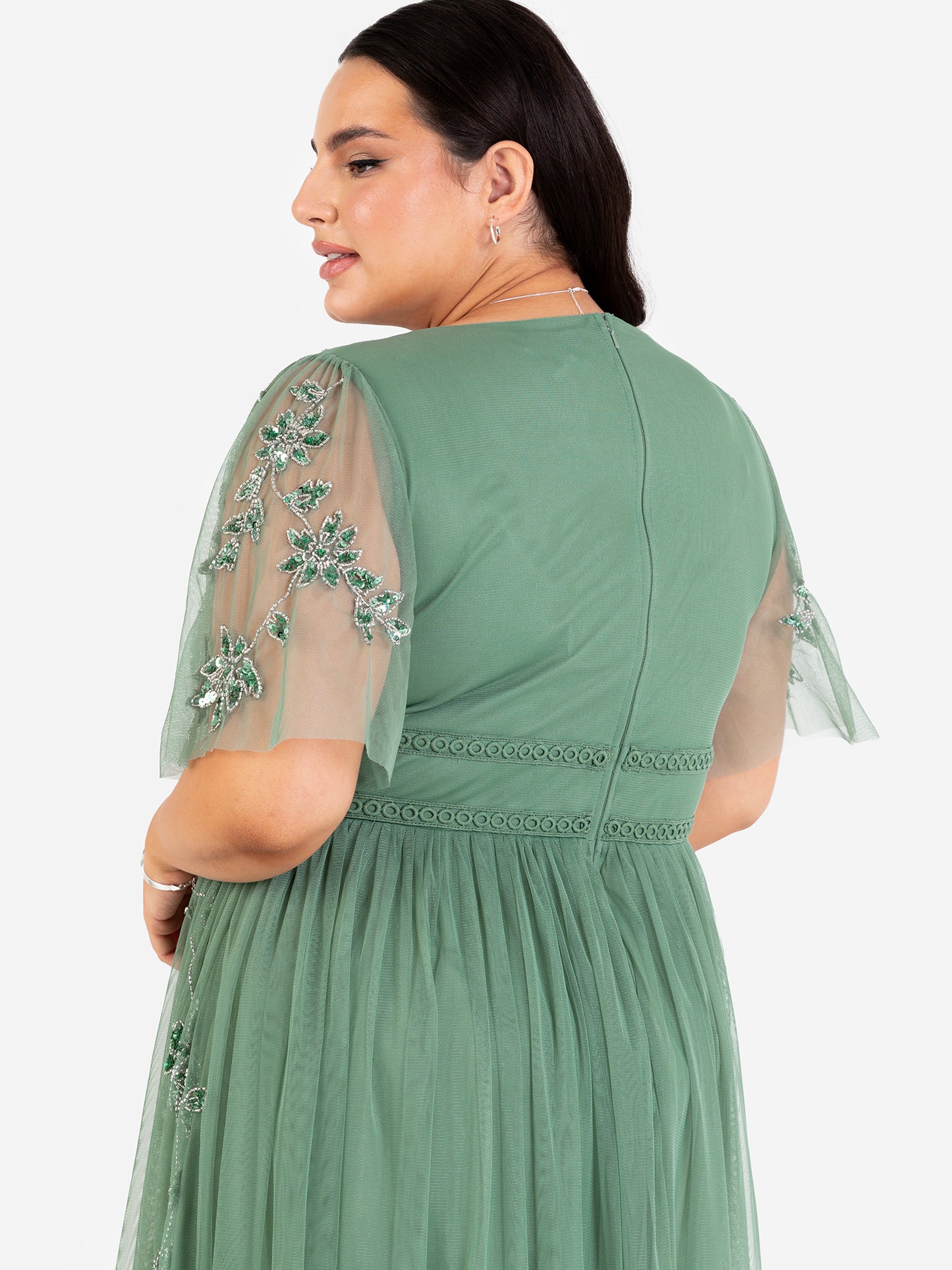 Maya Dark Sage Green Floral Motif Short Sleeve Midi Dress