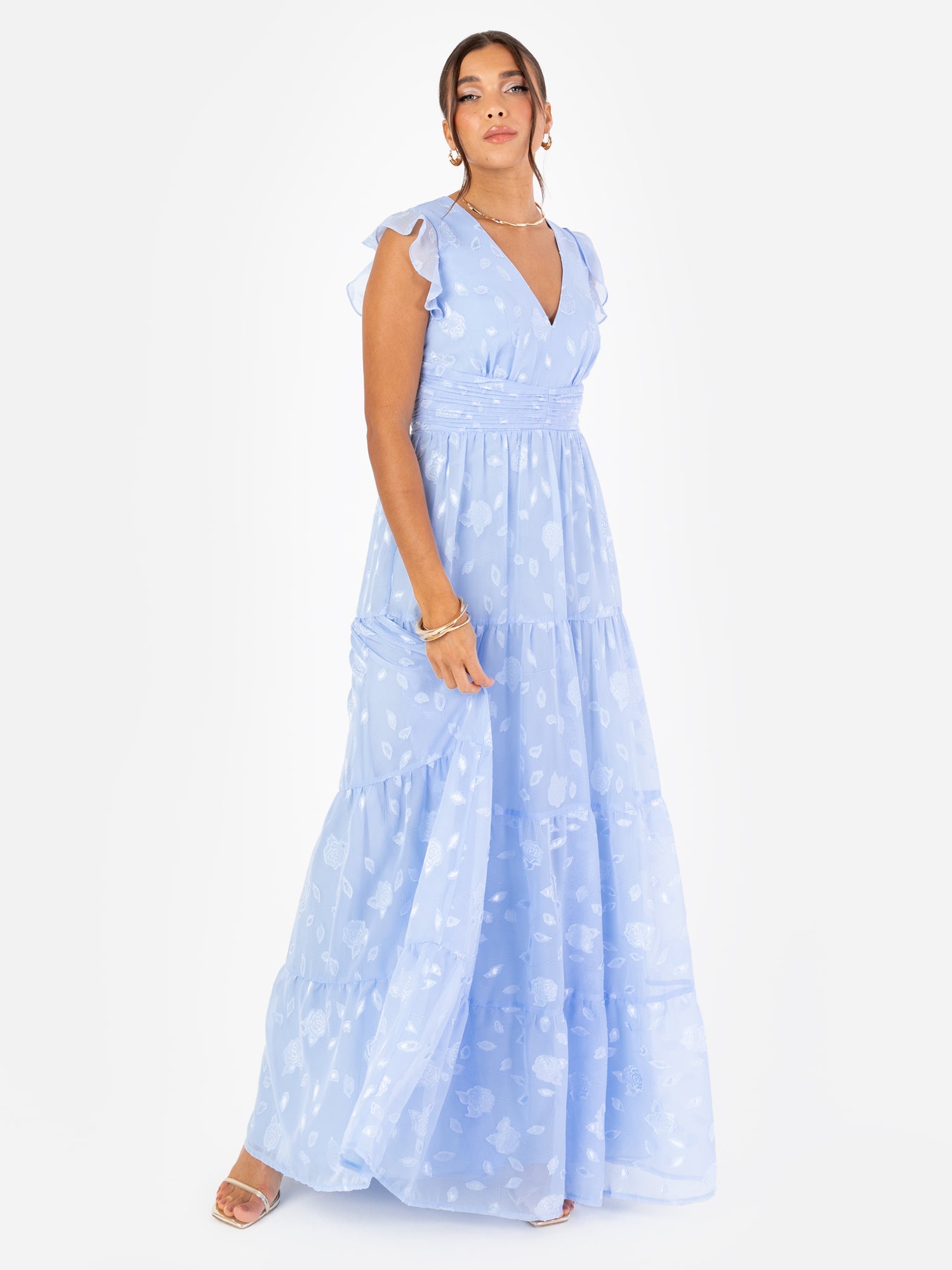 chinese dress ladies Maya Light Blue Floral Flutter Sleeve V Neck Maxi Dress – Maya Deluxe