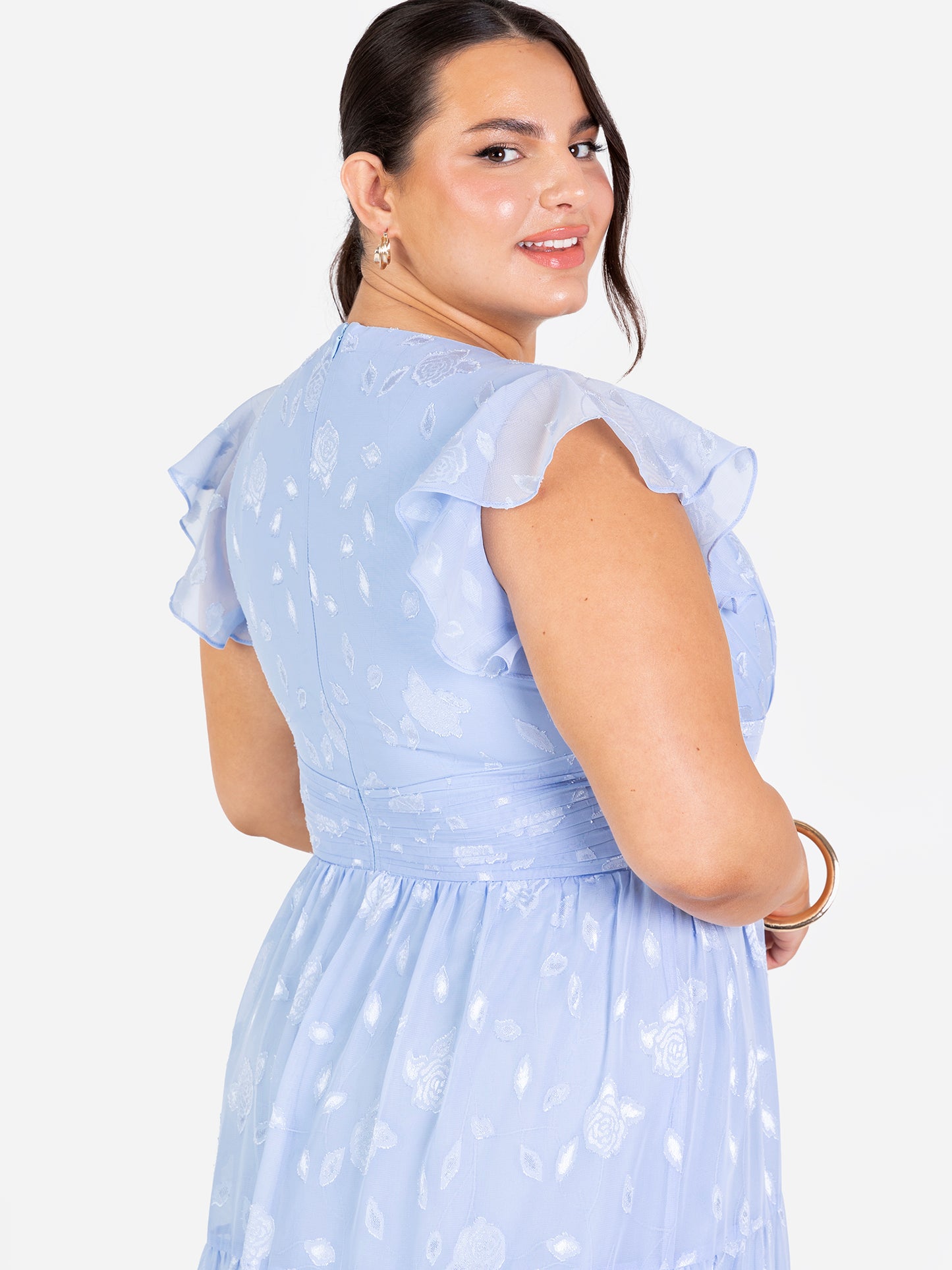 Maya Light Blue Floral Flutter Sleeve V Neck Maxi Dress