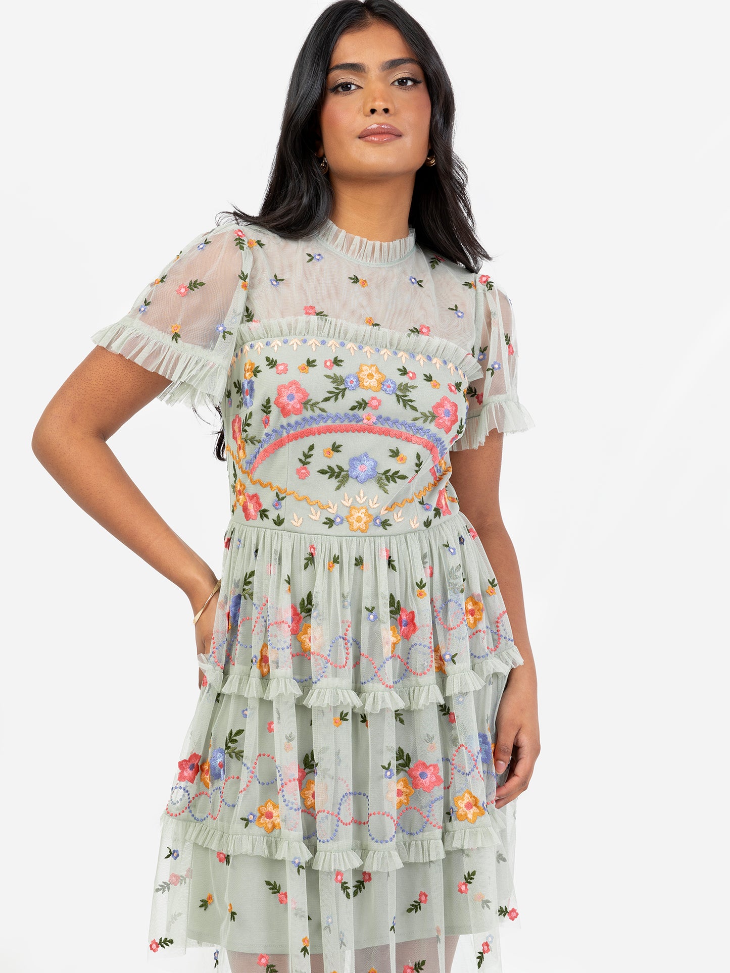 Maya Floral Embroidered Short Sleeve High Neck Mini Dress