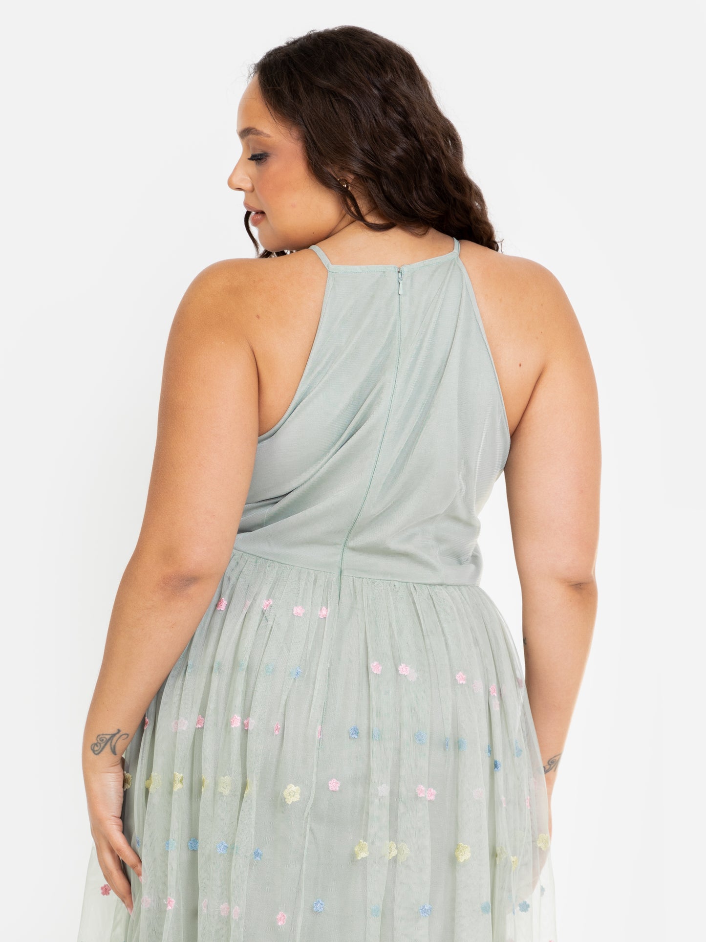 Maya Sage Green Floral Embroidered Halter Neck Midaxi Dress