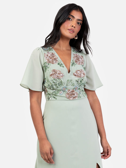 Maya Sage Green Floral Embellished Short Sleeve Maxi Dress with Skirt Split
