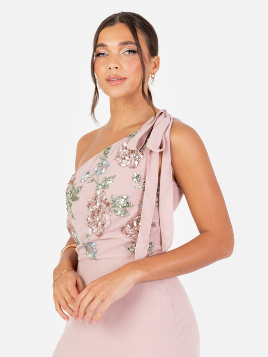 Maya Frosted Pink Floral Embellished Self-Tie One Shoulder Maxi Dress