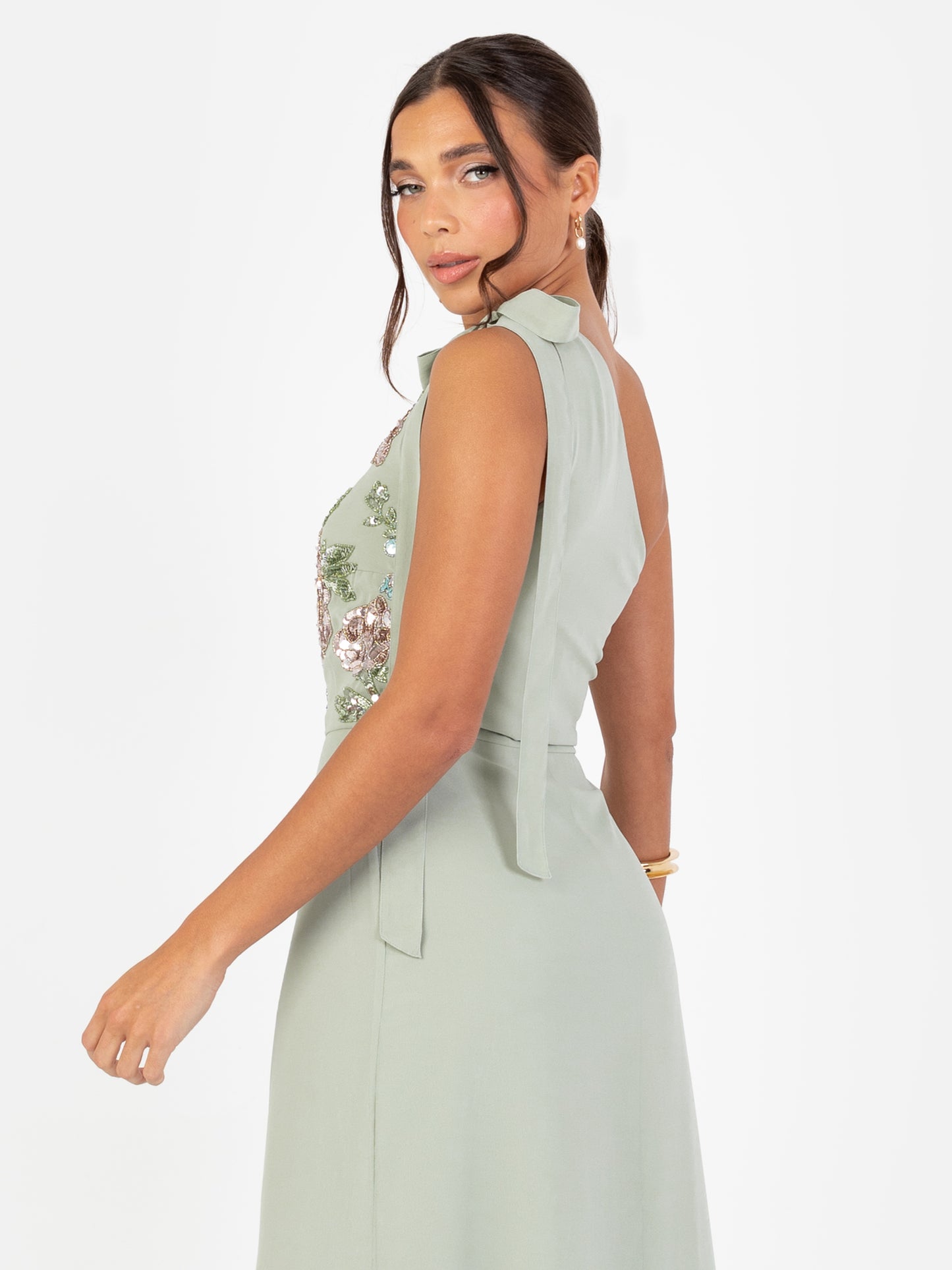 Maya Sage Green Floral Embellished Self-Tie One Shoulder Maxi Dress