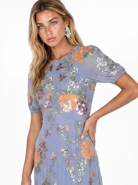 Maya Wisteria Blue Floral Embellished Puff Sleeve & Open Back Maxi Dress