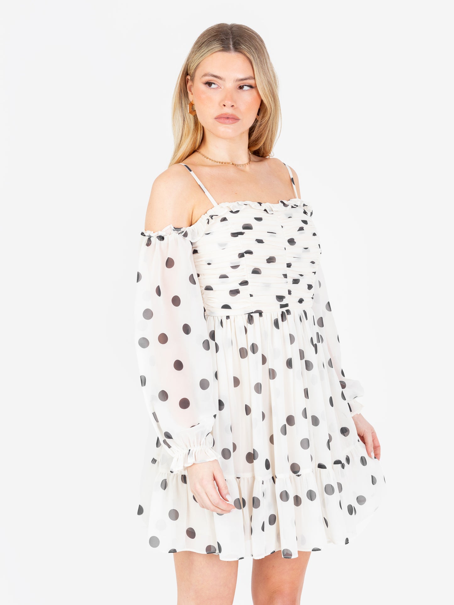 Anaya With Love Polka-Dot Bardot Long Sleeve Mini Dress