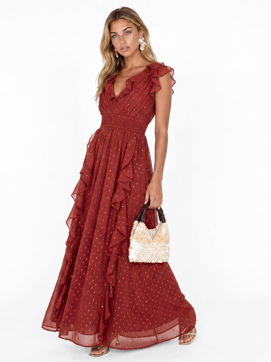 Anaya With Love Recycled Chilli Red Plunge Neck Waterfall Ruffle Maxi Dress