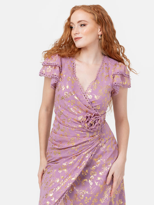 Maya Faux Wrap Maxi Dress with Gold Foil and Corsage Detail