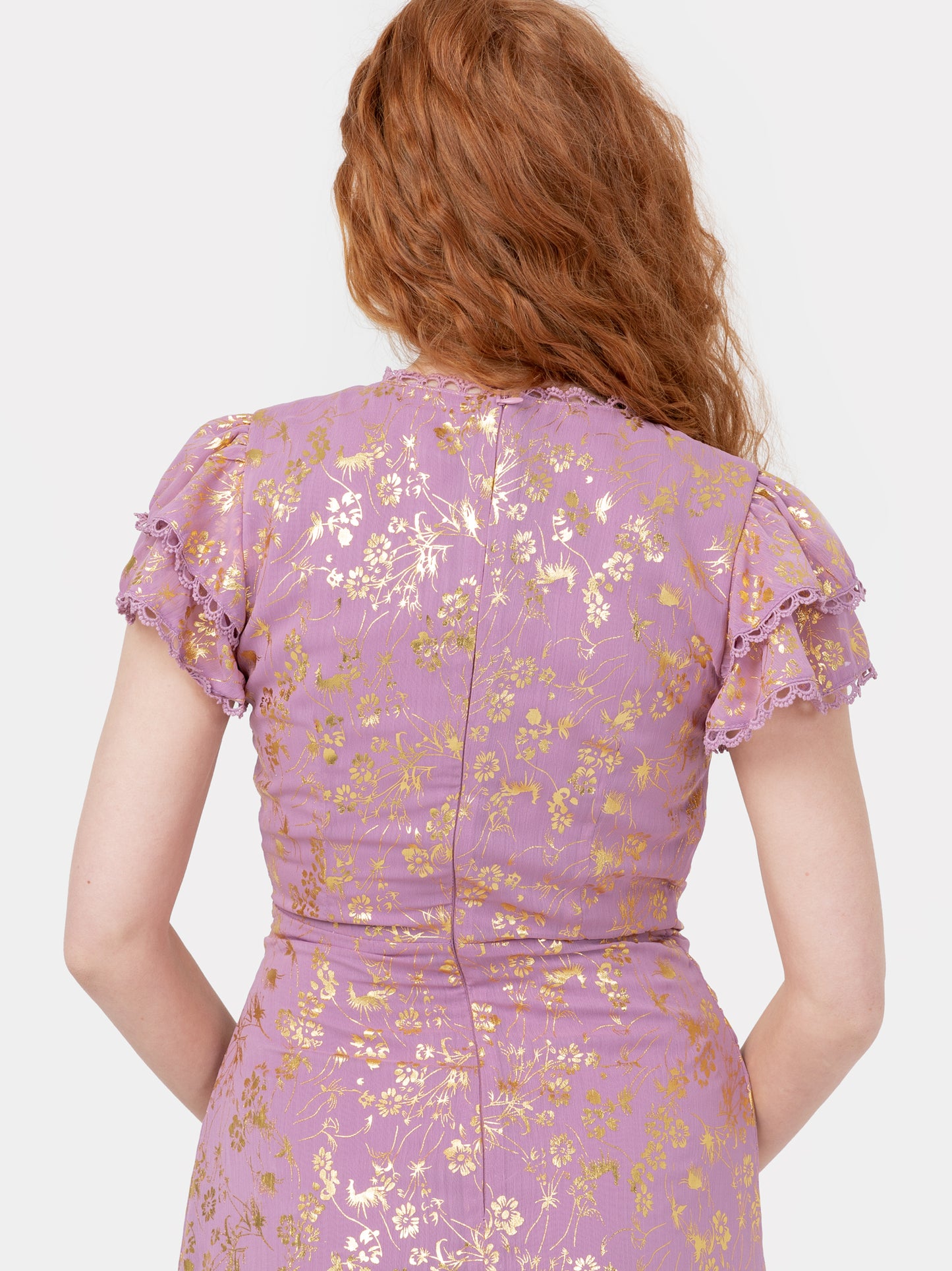 Maya Faux Wrap Maxi Dress with Gold Foil and Corsage Detail