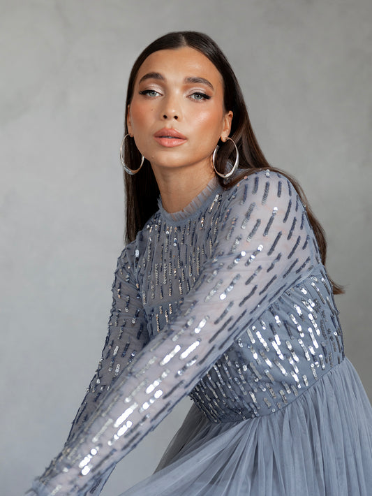 Maya Dusty Blue Linear Embellished Long Sleeve Maxi Dress