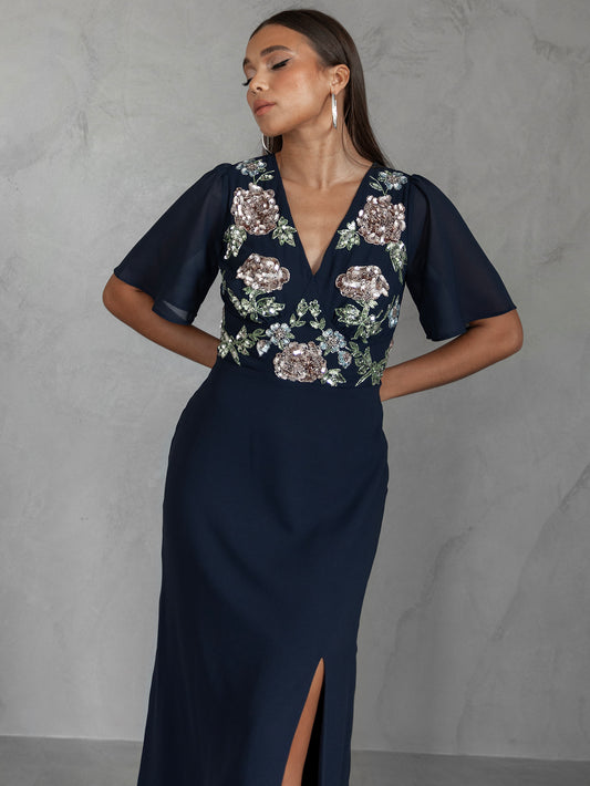 Maya Navy Floral Embellished Short Angel Sleeve Maxi Dress with Skirt Split