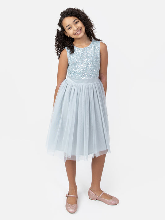 Mini Maya Pale Blue Delicate Sequin Midi Dress With Bow
