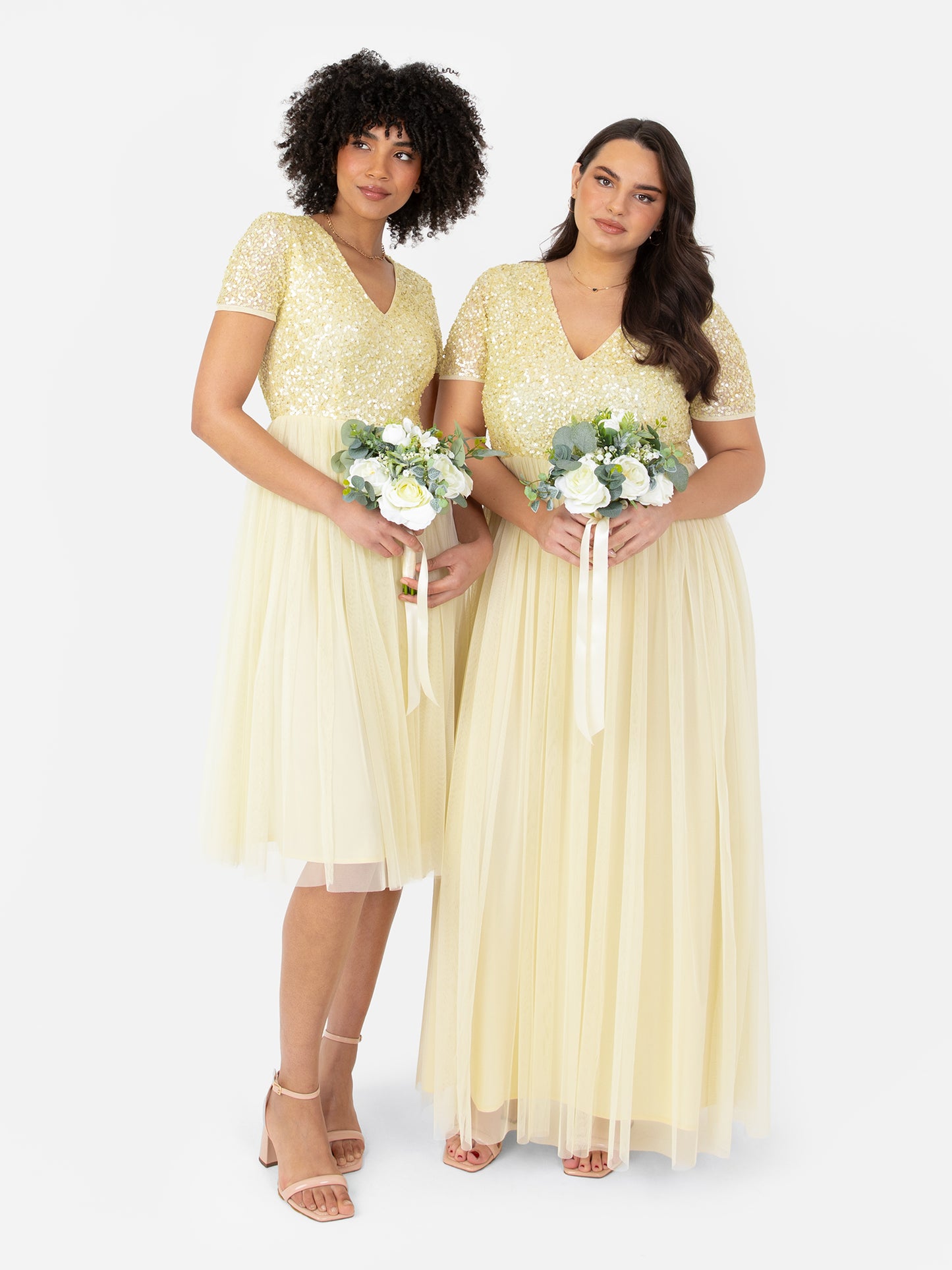 Maya Pale Yellow V Neckline Embellished Midi Dress