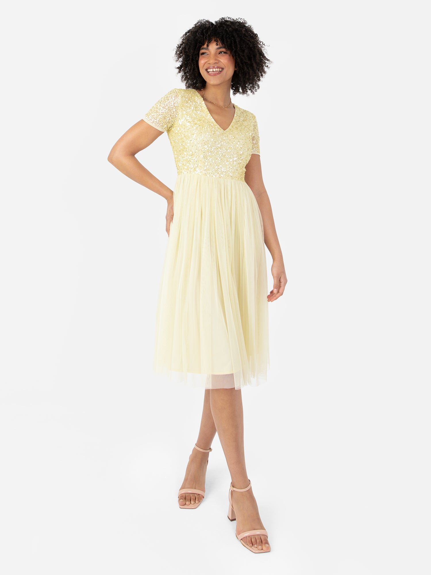 Maya Pale Yellow V Neckline Embellished Midi Dress – Maya Deluxe