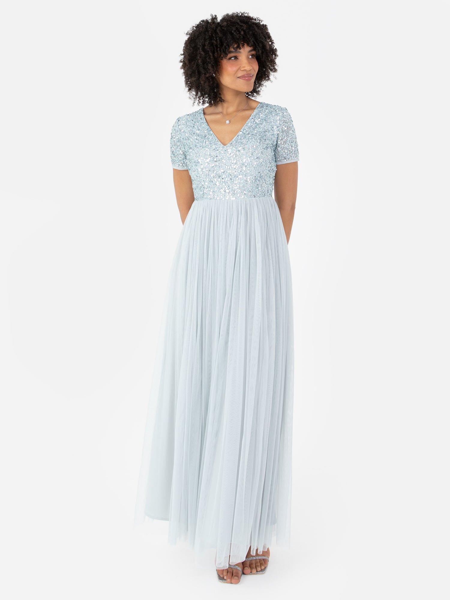 Maya Pale Blue V Neckline Embellished Maxi Dress – Maya Deluxe