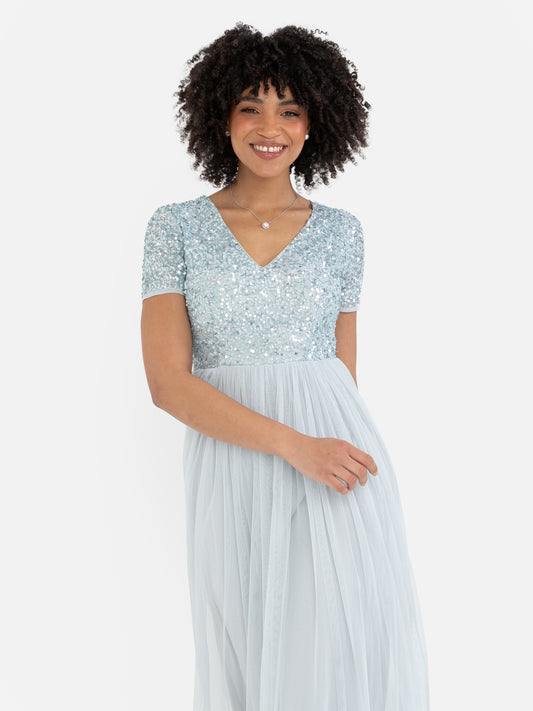 Maya Pale Blue V Neckline Embellished Maxi Dress