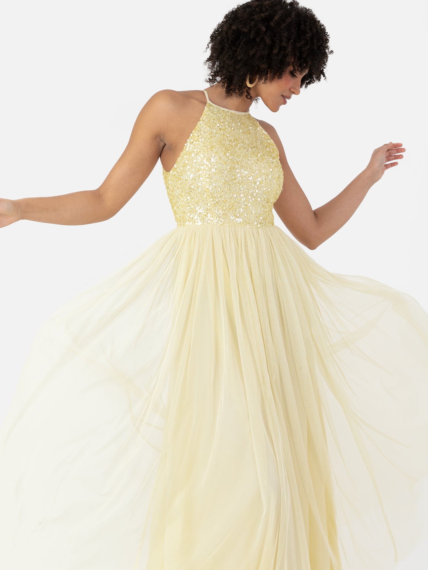 Maya Pale Yellow Embellished Halter Neck Maxi Dress