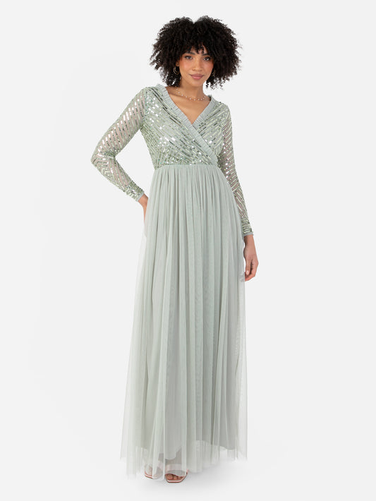 Maya Sage Green Stripe Embellished Faux Wrap Bodice Maxi Dress